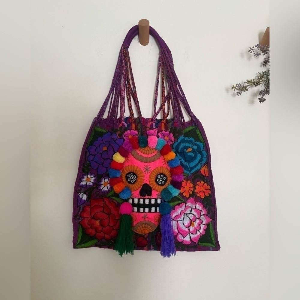 Colorful Hippie Skull Embroidered Vegan Tote Shoulder Bag